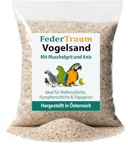 FederTraum Vogelsand 5kg – naturbelassen & staubarm, mit Anis & Muschelgrit, hygienisch & geruchsbindend, Käfigsand für Papageien, Wellensittiche, Nymphensittiche, Graupapagei & Ara
