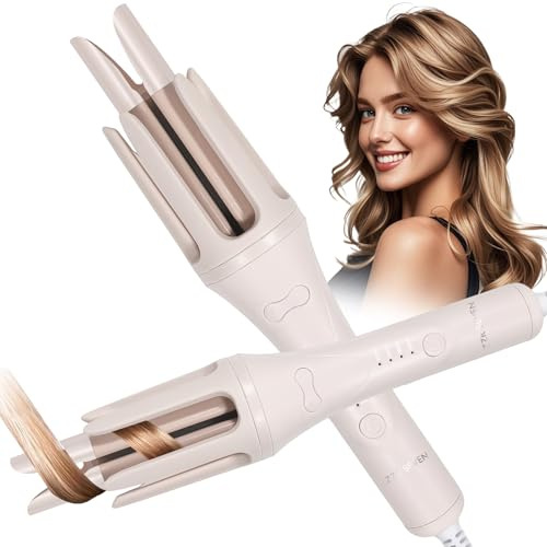 ZZR SEVEN Automatic Curling Iron, 1.25 Inch Hair Curler with 4 Temp. Options, 10S Fast Heating, 2-Way Rotation, 30 Min Auto Shut-Off, Anti-Scald-Tangle for Long Hair, Dual Voltage for Travel (Khaki)