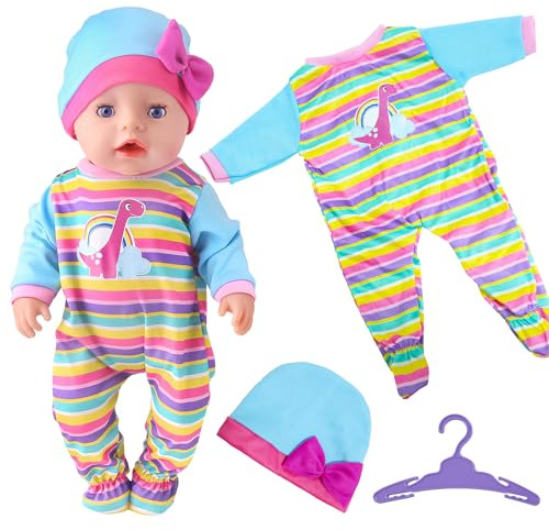 3 Pcs Sweet Doll Clothes for 14 Inch 16 Inch 17 Inch 18 Inch, Baby Doll Clothes Colourful Dinosaurs Thematic Includes Bib trousers Hat Hanger Doll Outfits Compatible with New Born Baby 35-45 cm Doll