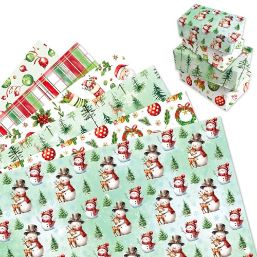 MORAINJAY 12 Sheets Wrapping Paper Christmas, Santa Snowman Wrapping Paper, Xmas Gifts Wrap for Girls Winter Birthday Festival Kids Gifts Wrap 68x50cm