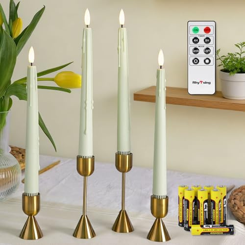 Rhytsing 4 ljusgröna flamlöst LED ljus med fjärrkontroll, batteridrivna LED-middagsljus med timer, vaxdroppande design, 8 batterier ingår - H 24,5 cm