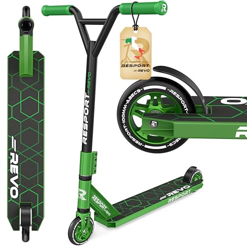 RE:SPORT Patinete de acrobacias Revo para niños y adultos con soporte, patinete profesional de 100 mm, ruedas de poliuretano y barra en Y, patinete de acrobacias, patinete ABEC 9, rodamientos de bolas