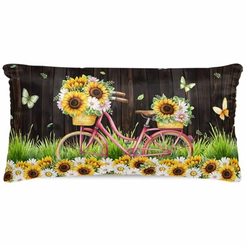 Gusidachig Spring Sunflowers Satin Pillowcase for Hair and Skin with Zipper, Soft Breathable Cooling Silk Pillow Cases, Bicycles Botanical Flowers Wooden Grain Throw Pillow Covers King Size 20x40