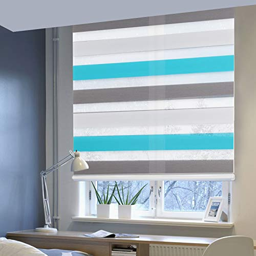 Laneetal Doppelrollo ohne Bohren Klemmfix, Duo Rollo Seitenzugrollo mit Klämmträgern, Sicht und Sonnenschutz für Fenster Tür Wand, lichtdurchlässig u. Verdunkelnd (Weiß+Grau+Türkis, 75 x 150 cm)