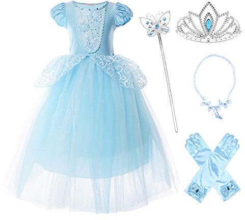 JerrisApparel Ragazza Principessa Cenerentola Costume Manicotto a Sbuffo Festa Vestito (7 anni, Blu con Accessori)