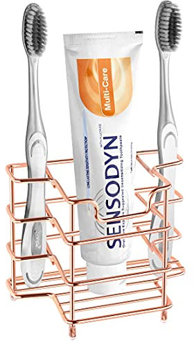 Linkidea Wall Mount/Countertop Toothbrush Holder for Shower, Stainless Steel Toothpaste Stand, 3 Slots Organizer Compatible with Colgate Extra Clean, Oral-B CrossAction (Rose Gold)
