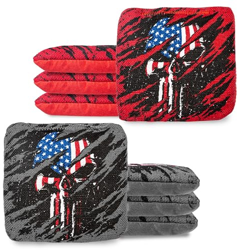 Play Platoon Tournament Series Professional Cornhole Bags Set of 8 - Pro Style Dual Sided Slick and Sticky Side Bean Bags for Tossing - Designed in USA - 4 Red & 4 Gray American Flag Skulls
