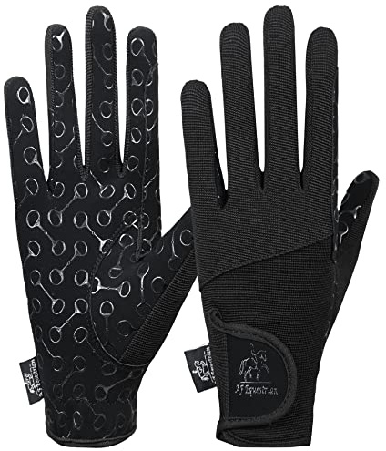 AF EQUESTRIAN Ladies Horse Riding Gloves Track Fabric Gloves Synthetic Leather Equestrian Black Stretch Fabric Silicone Printed Palms (Black, Medium)