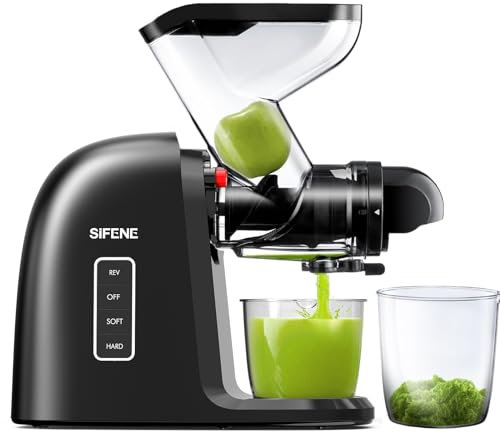 SiFENE Exprimidor de masticación lenta, canal de 3 pulgadas de ancho, exprimidor de prensa en frío para apio, frutas, verduras, 2 velocidades, sin BPA, fácil de limpiar, alto rendimiento, motor CC