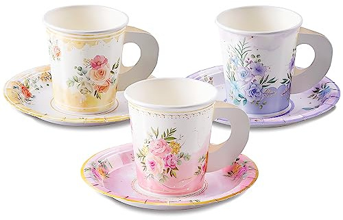 HOMIX 24 Paper Tea Cups and Plates, 7 OZ Disposable Paper Teacups and Saucer Sets for Hot and Cold Drinks for Birthday, Princess, Floral, Tea Party Decorations