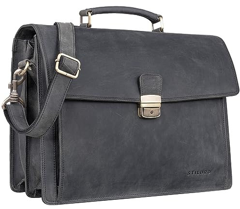 STILORD 'Noel' Aktentasche Leder Herren Vintage groß klassische Arbeitstasche Bürotasche Umhängetasche Dokumententasche mit Laptopfach 13,3 Zoll und Trolleyschlaufe, Farbe:carbon - grau