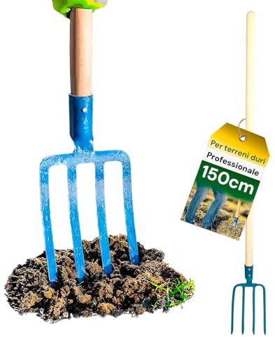 Avilia Fourche à 4 Dents en Acier avec poignée en Acajou 150 cm – Fourche à Excavation et Jardin, tête forgée 16 cm, idéale pour Les sols durs et la Transplantation, 150 x 10 x 16 cm