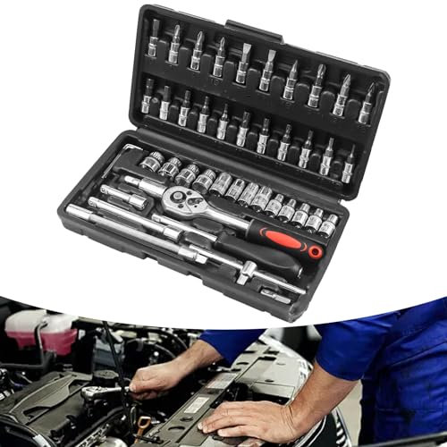 Raxfekro Juego de 46 llaves de carraca, caja de llaves de vaso con carraca, caja de herramientas de reparación de trinquete cromada para reparaciones de casa y otras reparaciones generales