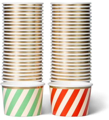 Gobelets à crème glacée en papier, 50 unités, 250 ml, bols à dessert jetables pour aliments chauds ou froids, assiettes festives pour fêtes de Noël, rayures diagonales rouges et vertes, feuille d'or