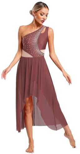 RUNQHUI Damen Lyrisch Tanzkleid mit Mesh Ärmellose Ballett Jumpsuit Tanzbody mit Asymmetrisch Rock Gymnastik Wettbewerb Tanzkostüm Altrosa XXL