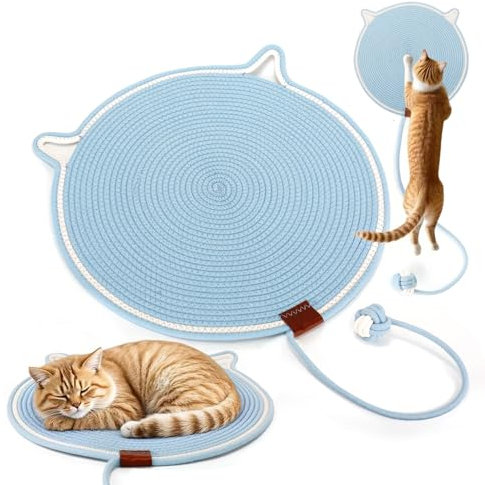 Kratzbretter Katze, 50cm/19.69in Verbessertes und vergrößertes Sisal Teppich Kratzmatte Katze mit Baumwollkugel Spielzeug & Katzenohr-Design, Kratzteppich Katze für Wand Katzen Kratzmatte (Blau)