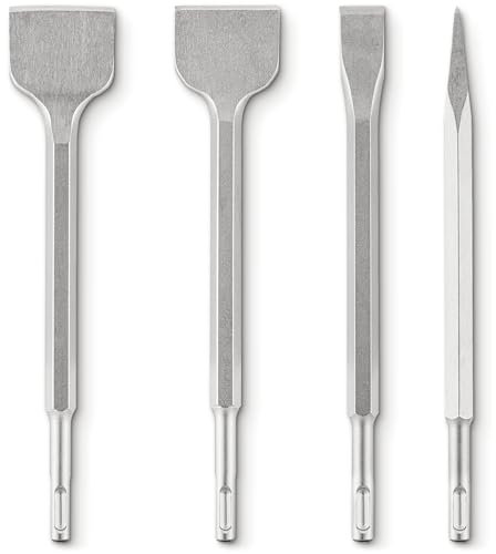 EffektWerk - Juego de puntas de cincel SDS Plus - 4 piezas: 1 cincel plano, 1 puntiagudo, 1 escalador y 1 para azulejos - Acero 40CR - Metal