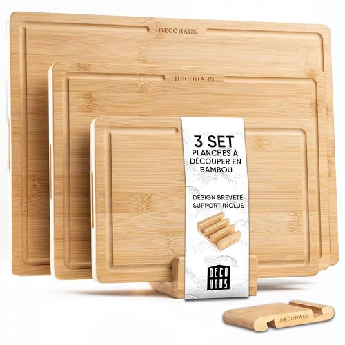 Deco haus Träskärbräda, set om 3 stycken, tillverkade av robust bambu [2 cm TJOCK] – Skärbrädor med saftränna – Träskärbräda för kök 40 x 30, 33 x 24, 26 x 18 – Skärbräda set