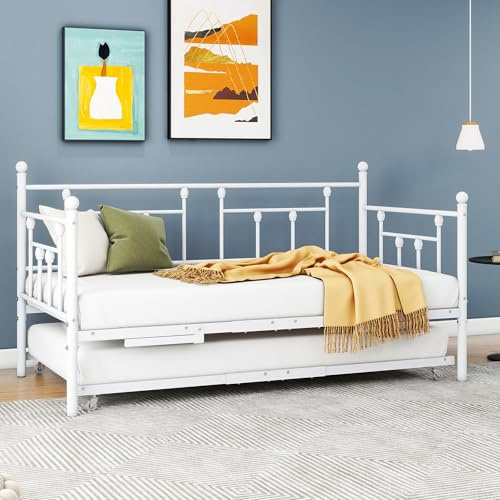 VERFARM Estructura de cama de 90 x 200 cm, cama con cama extensible, sofá cama individual con somier para habitación de invitados, cama juvenil, cama de metal, marco de cama para dormitorio, salón