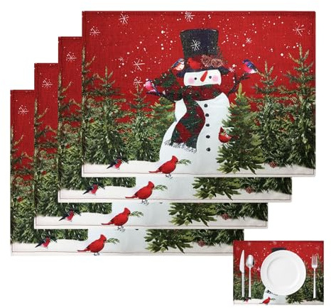 Set de 4 Manteles Individuales de Navidad con Diseño de Muñeco de Nieve, Color Rojo y Verde, 30 x 45 cm, Manteles Lavables para Decoración de Cocina, Mesa de Comedor y Fiestas
