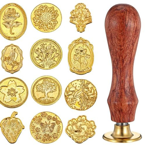 12 PCS Wax Seals Stamp,Gold Waxs Seal Stamp Kit, Elegant Waxs Seal with Wooden Handle for Letters，Stamp Heads Wax Seal Stamp Heart for Cards Gift Business Gift Wrap(Gold, 12 Patterns)