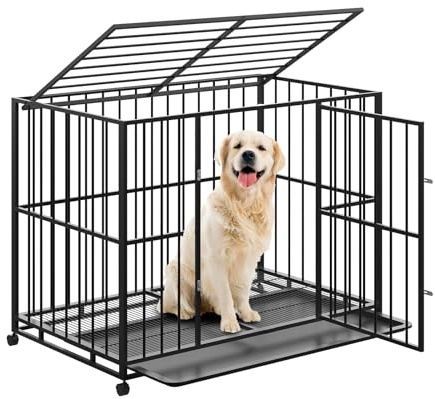 42 Inch Dog Crate for Medium Sized Dogs, Heavy Duty Stainless Steel Dog Kennel Indoor Escape Proof with Wheels and Removable Tray, Indestructible Dog Cage Stackable for Medium Small High Anxiety Dogs