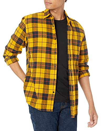 Amazon Essentials Men's Long-Sleeved Flannel Shirt, Yellow Plaid, S