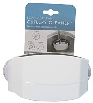 Sophisti-Clean Cutlery Cleaner Brush, Suctioned in-Sink Silverware Scrubber, Non-Scratch Bristles, Easily Clean Utensils and Sharp Knives, Convenient Kitchen Gadget, White