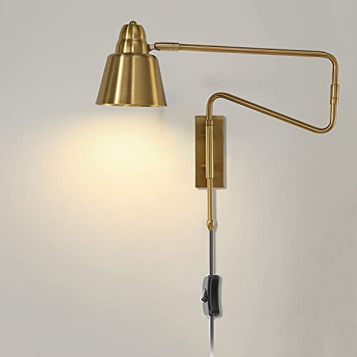 Verstellbar Metall Arm Wandleuchte mit Schalter Gold Industrial Wandlampe mit Stecker Nachttischlampe mit Kabel Wand-Leselampe E27 Fassung Wandspot Einstellbar Schwenkarm Schirm Wandbeleuchtung
