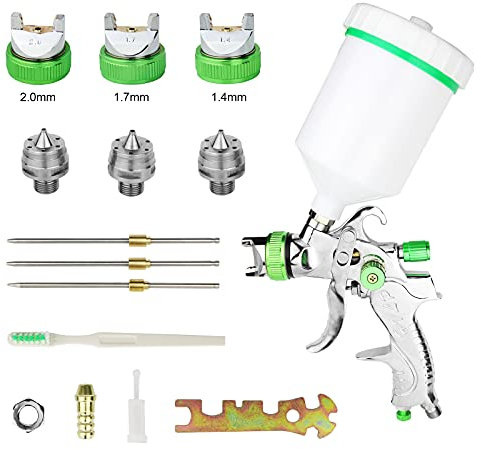 HVLP Pistola Pintura con 3 Boquillas 1,4 mm 1,7 mm 2,0 mm Sistema Profesional de Pintura Boquilla de Acero Inoxidable para Pintar Coches, Pared, Rociado De Muebles Verde