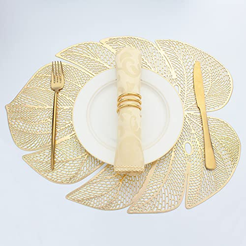 Evevda Gold Leaf Shaped Vinyl Placemats for Dinner Table Set of 6 Metallic Plastic Gold Place Mats Wipeable 6Pcs Table Mats for Wedding Annersary Dinner Table Decoration Mats(17.7x13.8inch/45x35cm)