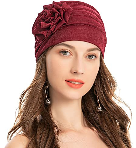 ZLYC Damen Beanie Mütze mit Blumen Elastischer Chemo Hut(Blumen Burgunder)