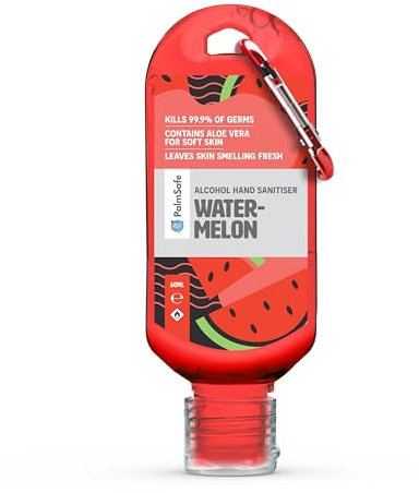 Palm Safe Watermelon 60ml Anti Bacterial Premium Hand Sanitiser Travel Size Refillable Clip Bottle Quick Drying Non Sticky Extra Moisturising Kills 99.9% of Viruses and Bacteria