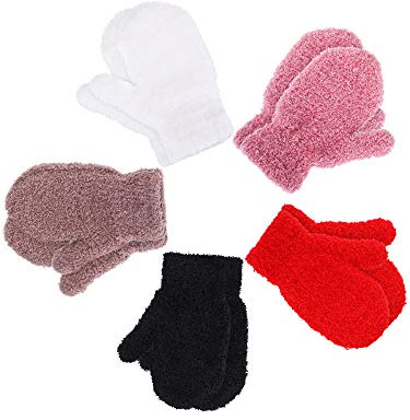 Boao 5 Pairs Winter Knit Gloves for Kids Toddler Stretch Full Finger Mittens for Boys Girls 1-10 Years(4-8 Years Size,Simple Colors)