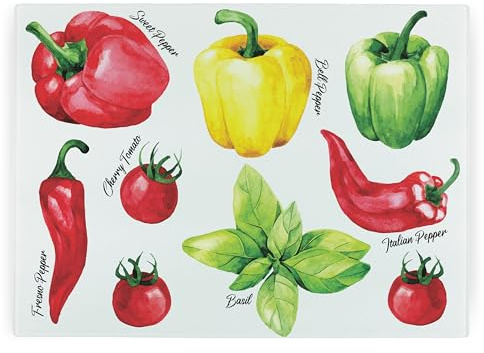 Peppers Rectangular Large Glass Worktop Protector - Red, Yellow & Green Glass Chopping Board - Textured Kitchen Vegetable Cutting Board Worktop Saver with Non-Slip Feet 39cm x 28.5cm (15 x 11)