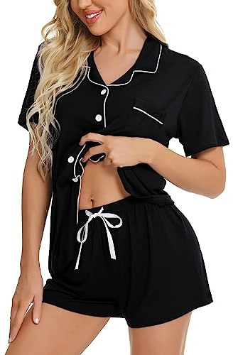 SWOMOG Womens Button Down Pyjama Sets Bride Pyjamas Sets Sleepwear Shorts Lounge Set M Black