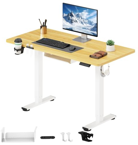 SANODESK Escritorio Elevable Eléctrico 110x54cm con Tablero Completo, Mesa Ajustable en Altura con Sistema Anticolisión, Función de Memoria de 4 Alturas con Gancho y Caja de Almacenamiento, Arce
