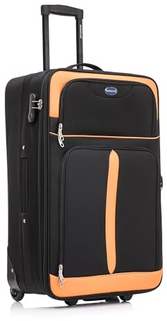 Aerostar Large 29” Lightweight Softshell Expandable Suitcase, Check in Luggage 2 Corner Wheels with Integrated Combination Lock (Black/Orange, 100 litres)