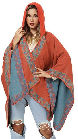 BAILEYU Poncho Umhänge mit Kapuze Vintage Mäntel Reisedecke Schals Quasten Strickjacken für Frauen, Orange