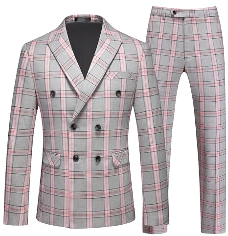 MOGU Mens Suit 2 Piece Double Breasted Tuxedo Slim Fit Blazer and Pants Plaid Suit for Prom Wedding Groomsmen US Size Blazer 30 with Pants 29 Pink Grey