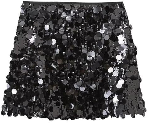 EOYVAIL Röcke für Damen，Damen Paillettenrock, Fransen Paillettenrock, Karneval Party Paillettengürtel Bauchtanzrock (Schwarz，M)