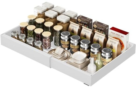 JOUING Teleskopschublade Küche Ausziehbare Schublade für Schrank Ohne Bohren Einstellbare Breite 32-52cm Metall Pull Out Cabinet Organizer mit Klebeband Slide Out Drawer (Weiß)