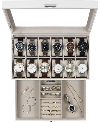 KILHS Watch Box, 12 Slot Watch case with Glass Lid, Lockable Double Watch Storage Box with 1 Wrawer for Rings, Earrings, Gift Idea, White Synthetic Leather, Khaki Lining
