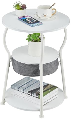 ZEXVIDA Runder Beistelltisch Vintage, 3-stufiger Industrieller Runder Beistelltisch mit Stauraum, Nachttisch Kleiner Tisch Sofatisch für Wohnzimmer Schlafzimmer Balkon (Weiße, 40W*55H)