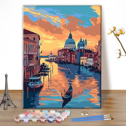 MEIYUDA Pintar por Numeros Adultos Venecia Nocturna, DIY Cuadro al óleo con Números para, Kit de Pintura al óleo Digital para Adultos de Lienzo, Decoración para el Hogar 40x50cm(sin marco)