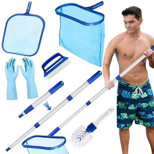 MWZEAUL Kit Pulizia Piscina, Retino Piscina per Pulizia con Manico Telescopico a 3 Sezioni, Rete per Piscina Maglia Fine, Kit Accessori per Piscina per Manutenzione per Piscina, Laghetto, Spa, Fontana