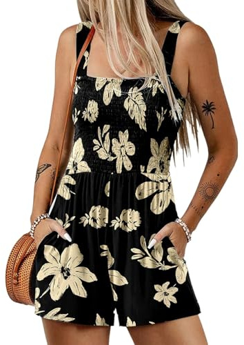 QUNERY Mono Corto Mujer de Verano 2025 Sin Mangas Peto Mujer Verano Bohemia Casual Sueltos Jumpsuit con Bolsillos Moda Playa Negro XXL
