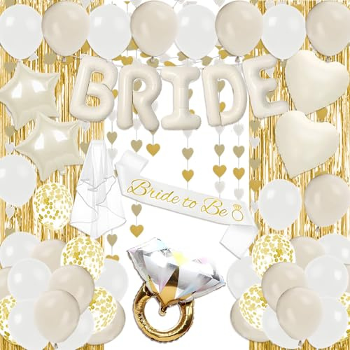 Bridal Shower Decorations 53Pcs Champagne Gold Bachelorette Party Decorations Included Bride to Be Balloons Sash Veil and Foil Curtains for Engagement Wedding Party Supplies