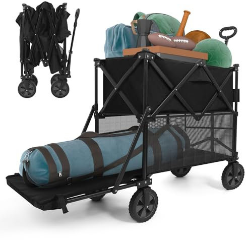 KioGro XXXL Plus Chariot de transport pliable de 300 l avec freins, double chariot pliable avec pneus extra larges, tissu imperméable, pour chiens, excursions, camping, jardin et courses Noir