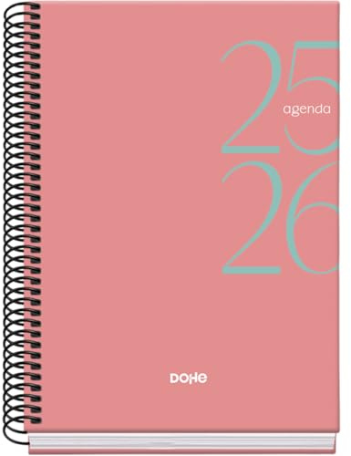 Dohe - Agenda Scolaire 2025 2026 - Jour Par Page, Taille A5 (15x21 cm), Espagnol et Anglais, Septembre à Juin, Fermeture à Spirale, Couverture Rigide - SYSTEM Rose